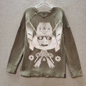 RYU Men Shirt‎ Small Olive Samurai Graphic Waffle Knit Long Sleeve Crew Neck